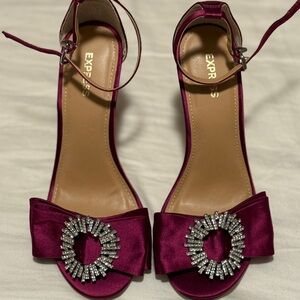 Express Women's Magenta Satin Heels with Rhinestone Bow